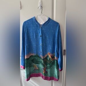 Citron Santa Monica Silk Blend Flowy Blue Button Down Blouse 0X